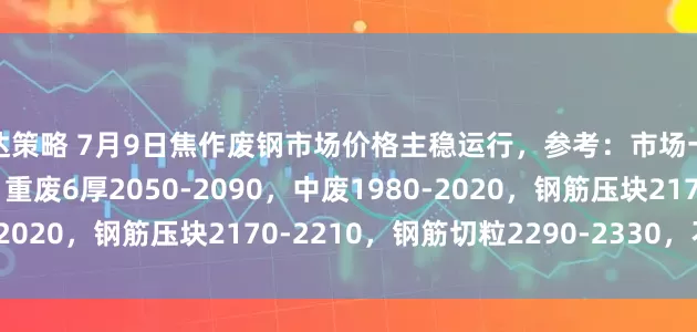 万达策略 7月9日焦作废钢市场价格主稳运行，参考：市场一级破碎料2110-2150，重废6厚2050-2090，中废1980-2020，钢筋压块2170-2210，钢筋切粒2290-2330，不含税。